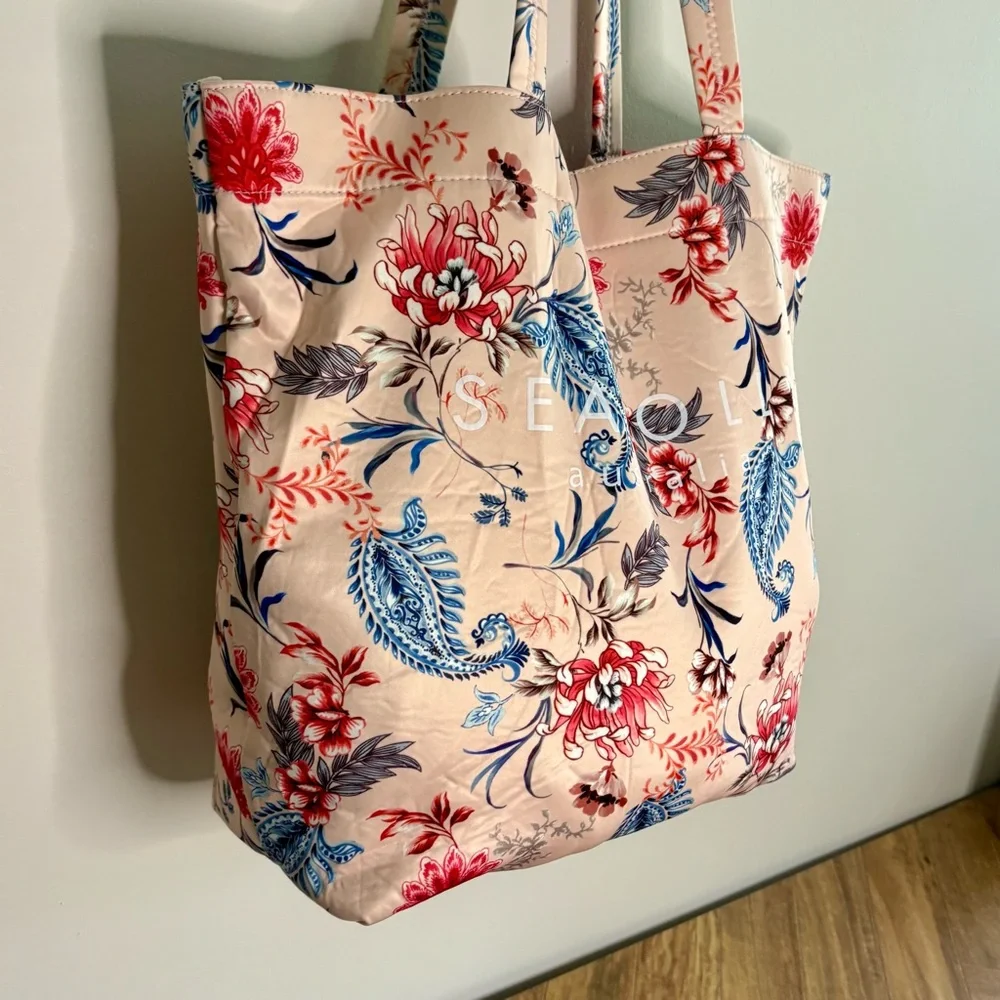 Seafolly Australia Women’s Large Pink Tote Bag Blue Red Floral Pattern butter